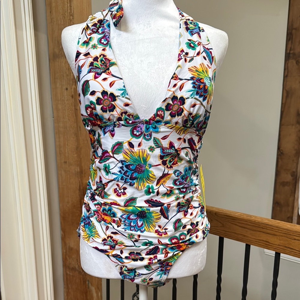 Floral Halter One Piece Swimsuit White multicolor tie neck 12 Large